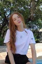 Load image into Gallery viewer, Turtle with palm tree sleeve embroidered organic t-shirt.