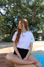 Load image into Gallery viewer, Turtle with palm tree sleeve embroidered organic t-shirt.