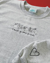 Load image into Gallery viewer, Thank goodness for cats embroidered sweater with cat heart sleeve detail