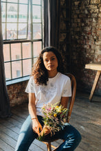 Load image into Gallery viewer, Big bunch of flowers embroidered organic t-shirt.