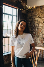Load image into Gallery viewer, Big bunch of flowers embroidered organic t-shirt.