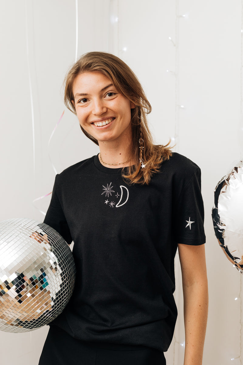 Moon embroidered tshirt with star sleeve detail Emma Warren ltd