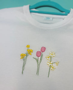 Embroidered trio of Spring flowers T-shirt