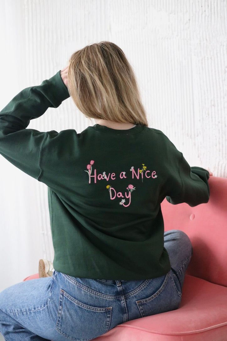Embroidered Floral ' have a nice day ' back sweater