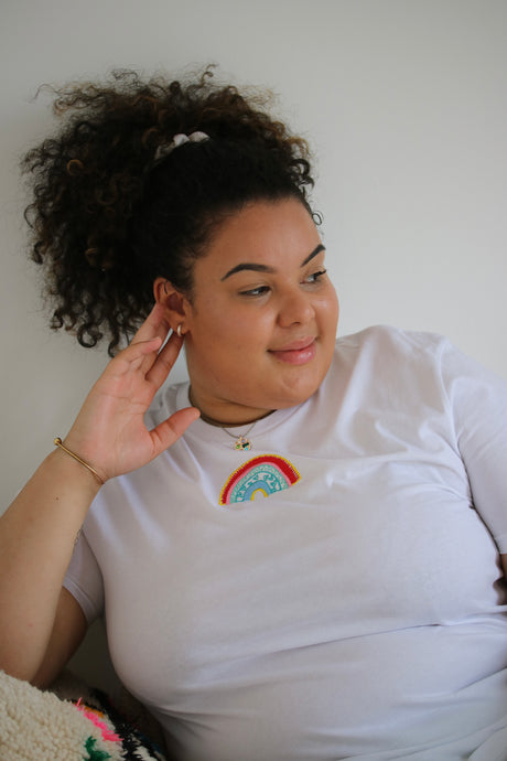 Rainbow embroidered organic t-shirt.