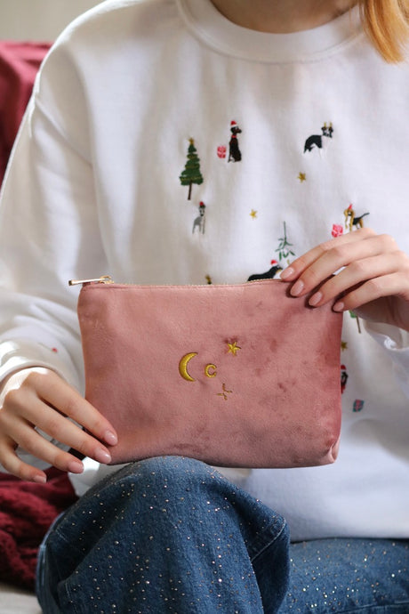 Velvet embroidered Initial Pouch