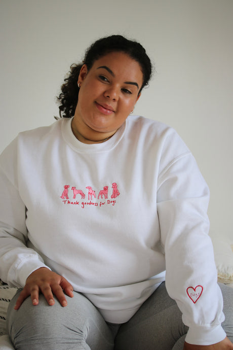 Thank goodness for dogs embroidered sweater with dog heart sleeve detail