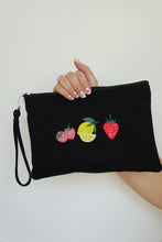 Load image into Gallery viewer, Canvas clutch bag in black with trio fruit embroidery