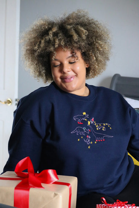 Festive lots of dinos embroidered sweater