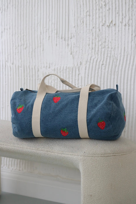 Denim Strawberry Barrel Bag