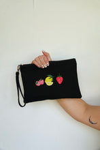 Load image into Gallery viewer, Canvas clutch bag in black with trio fruit embroidery