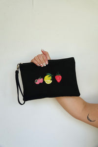 Canvas clutch bag in black with trio fruit embroidery