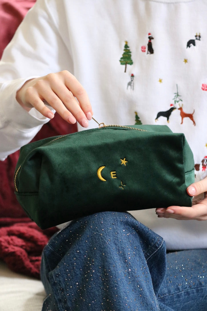 Velvet embroidered Initial Makeup Bag