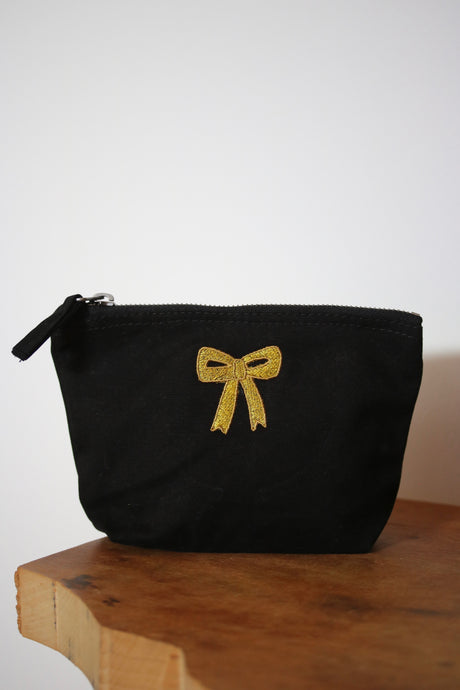 embroidered mini bow accessory purse / make up bag