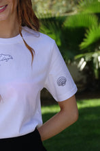 Load image into Gallery viewer, Dolphin with shell sleeve embroidered organic t-shirt.