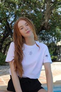 Turtle with palm tree sleeve embroidered organic t-shirt.