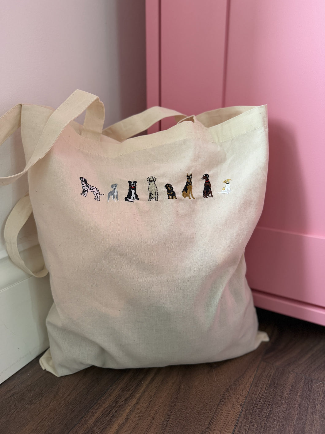 Teeny tiny dog embroidered tote bag