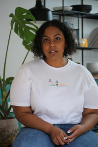 Floral colour block embroidered organic t-shirt.