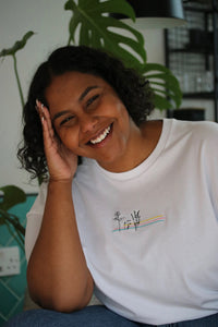 Floral colour block embroidered organic t-shirt.