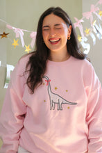 Load image into Gallery viewer, Embroidered holographic disco Christmas dinosaur sweater