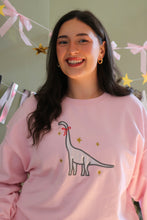 Load image into Gallery viewer, Embroidered holographic disco Christmas dinosaur sweater