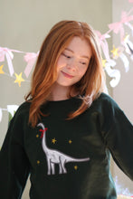 Load image into Gallery viewer, Embroidered holographic disco Christmas dinosaur sweater