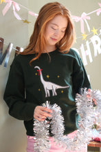 Load image into Gallery viewer, Embroidered holographic disco Christmas dinosaur sweater