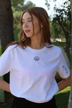 Load image into Gallery viewer, Shell with seahorse sleeve embroidered organic t-shirt