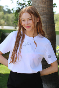 Dolphin with shell sleeve embroidered organic t-shirt.
