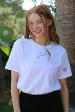 Load image into Gallery viewer, Dolphin with shell sleeve embroidered organic t-shirt.