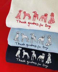 Thank goodness for dogs embroidered sweater with dog heart sleeve detail
