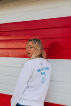 Load image into Gallery viewer, Embroidered hey have a nice day back sweater with today will be a good day reminder sleeve
