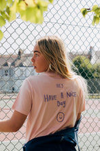 Load image into Gallery viewer, Hey have a nice day embroidered back with doodle bee on front sleeve t-shirt