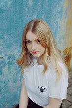 Load image into Gallery viewer, Bumble bee embroidered organic t-shirt.