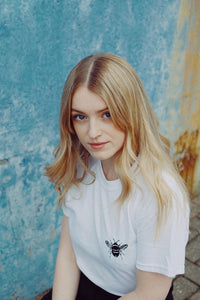 Bumble bee embroidered organic t-shirt.