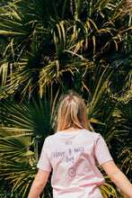 Load image into Gallery viewer, Hey have a nice day embroidered back with doodle bee on front sleeve t-shirt