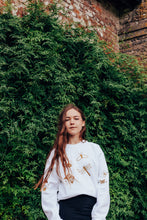 Load image into Gallery viewer, festive bugs embroidered sweater with bug star sleeve detail