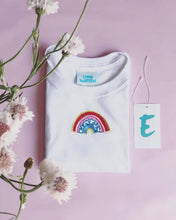 Load image into Gallery viewer, Rainbow embroidered organic t-shirt.