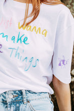 Load image into Gallery viewer, I just wanna make nice things embroidered t-shirt with  doodle bee on front sleeve