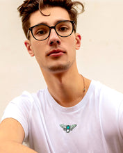 Load image into Gallery viewer, Mini turquoise moth embroidered organic t-shirt