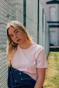 Hey have a nice day embroidered back with doodle bee on front sleeve t-shirt