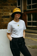 Load image into Gallery viewer, Sunflower and sun sleeve embroidered organic t-shirt