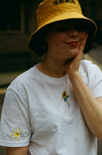 Load image into Gallery viewer, Sunflower and sun sleeve embroidered organic t-shirt