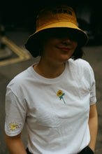 Load image into Gallery viewer, Sunflower and sun sleeve embroidered organic t-shirt