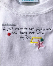 Load image into Gallery viewer, I just want to eat pick n mix and hang out with my cat embroidered organic t-shirt