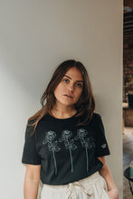 Load image into Gallery viewer, Trio of big roses with doodle bee sleeve embroidered organic t-shirt.