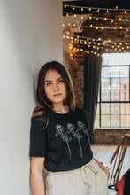 Load image into Gallery viewer, Trio of big roses with doodle bee sleeve embroidered organic t-shirt.