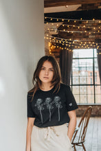 Load image into Gallery viewer, Trio of big roses with doodle bee sleeve embroidered organic t-shirt.
