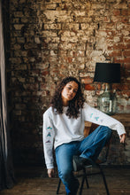 Load image into Gallery viewer, embroidered trio of moths embroidered sleeve sweater