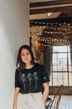 Load image into Gallery viewer, Trio of big roses with doodle bee sleeve embroidered organic t-shirt.